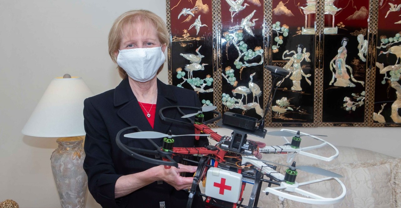 UC's Debi Sampsel, College of Nursing, with a demo healthcare drone