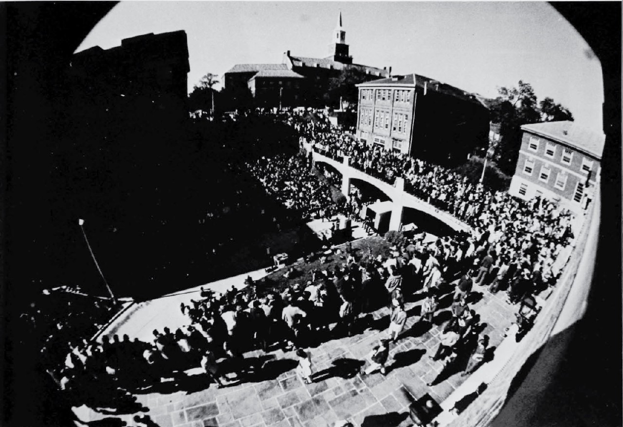 Students gather on UC's uptown campus in 1970