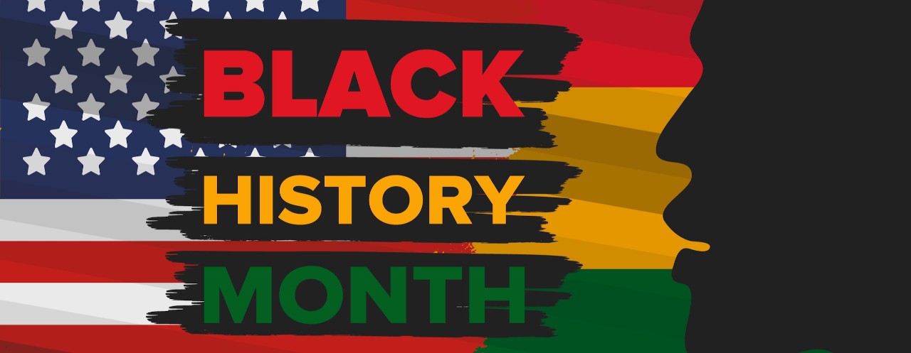 Poster of American flag on left, Black man silhouette on right and "Black History Month" in center.