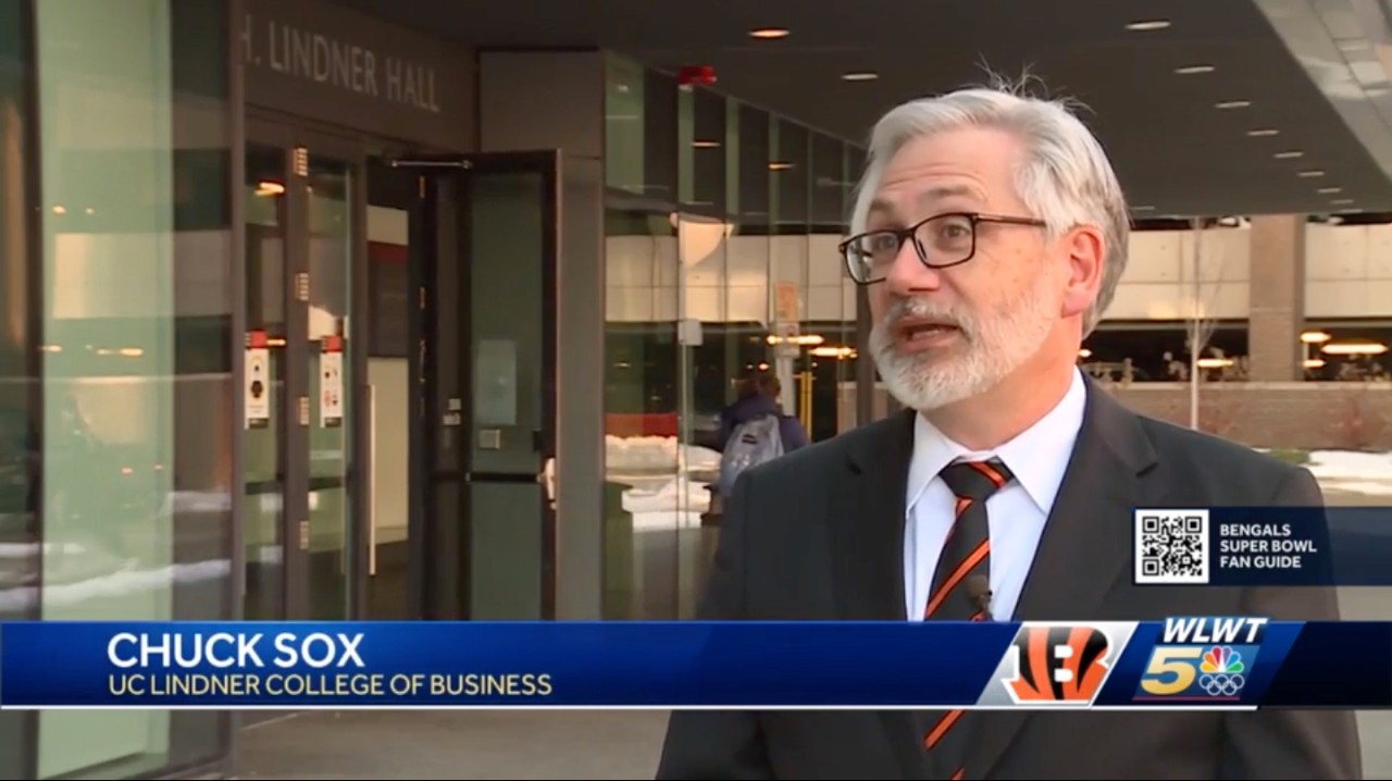 Chuck Sox is interviewed by WLWT outside of the Carl H. Lindner College of Business.