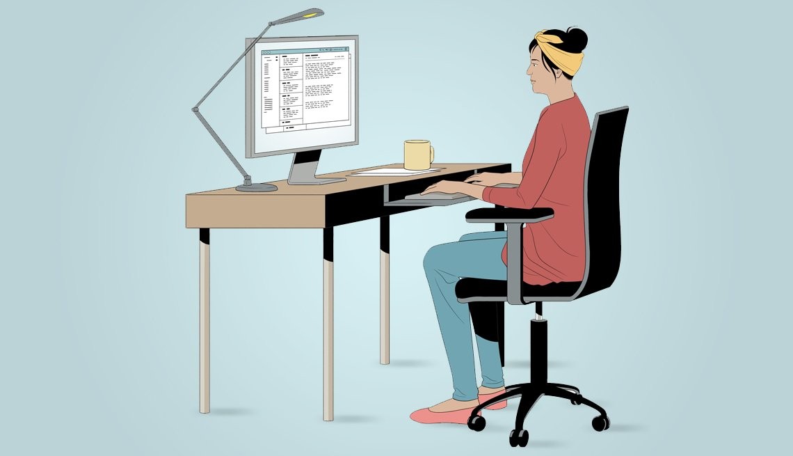 a graphic showing a person working at a desk with a computer monitor