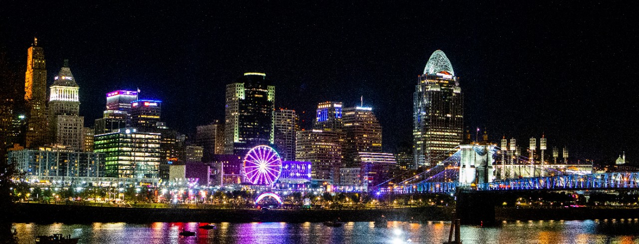 Cincinnati downtown skyline at night illuminated during Blink art event