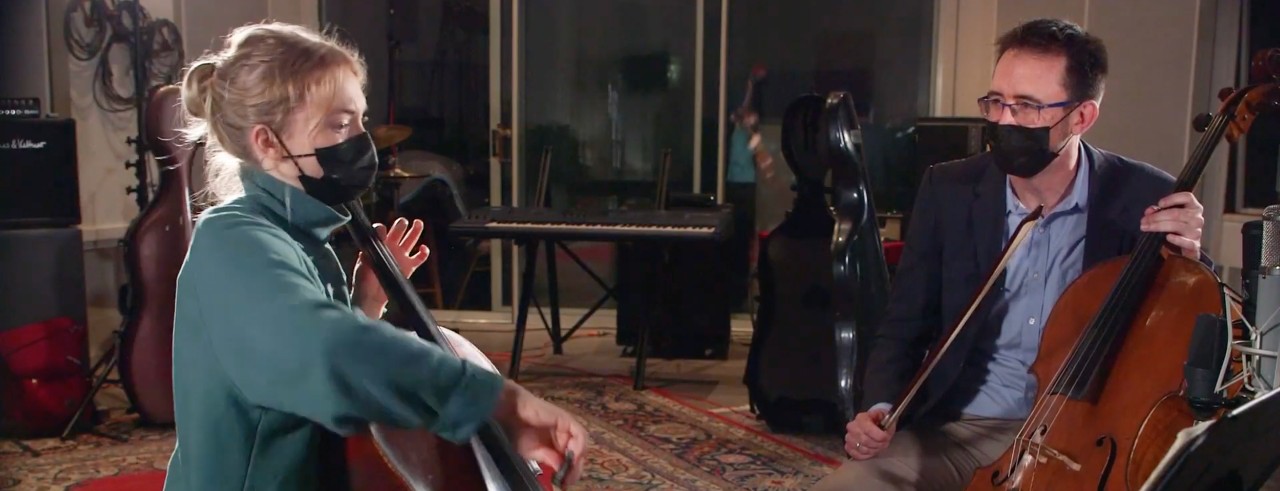 Audrey Hudgens and Alan Rafferty in a scene from the CCM mini documentary The Cello Lesson.