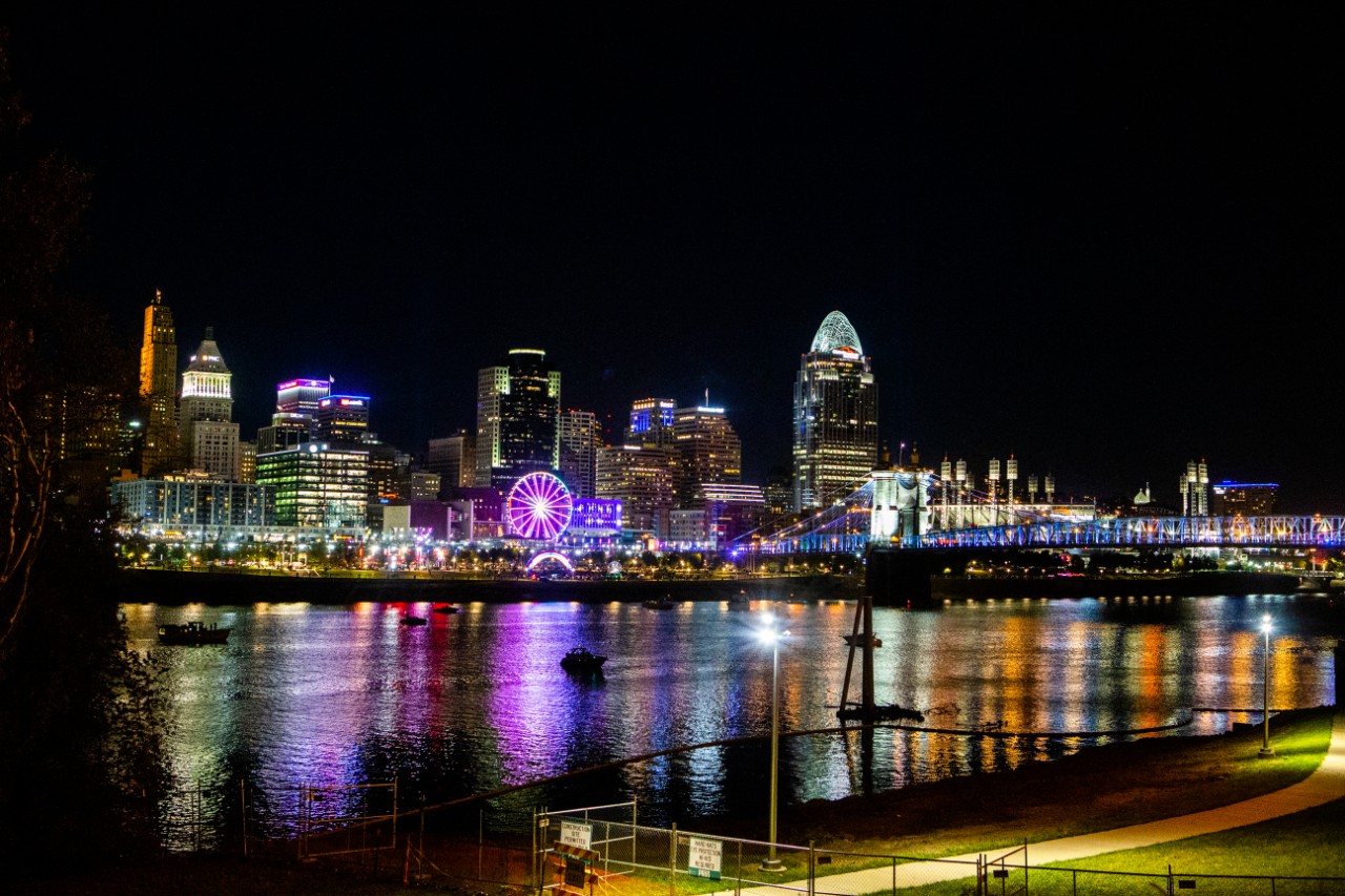 The Cincinnati skyline at night.