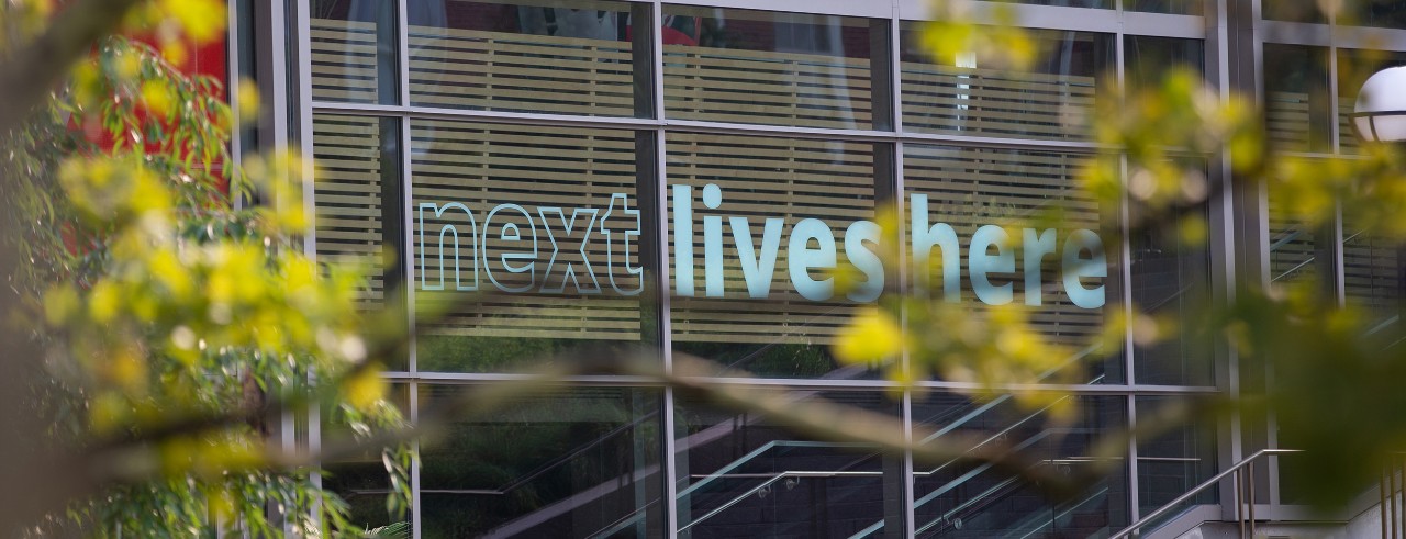 Next lives here decal on windows of University Pavilion with greenery