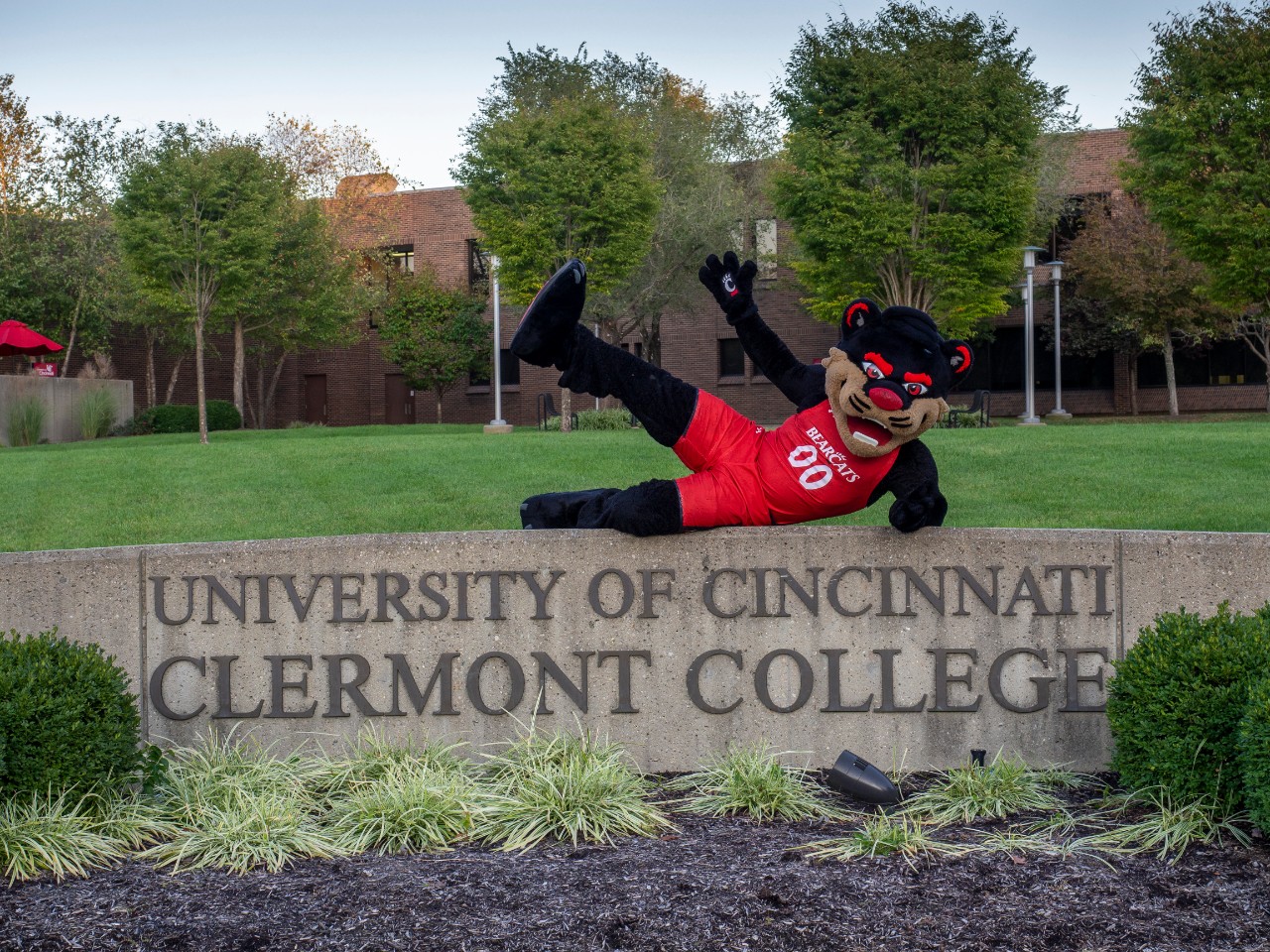 The Bearcat mascot smiles at camera outside UC Clermont campus.
