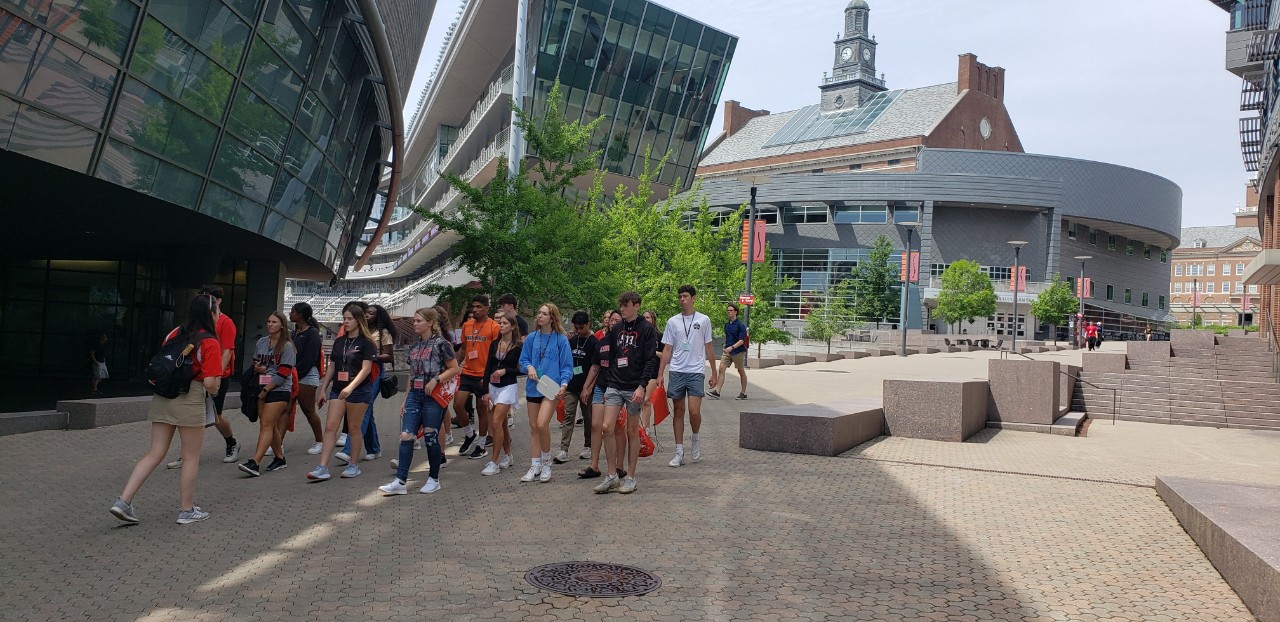 students touring campus