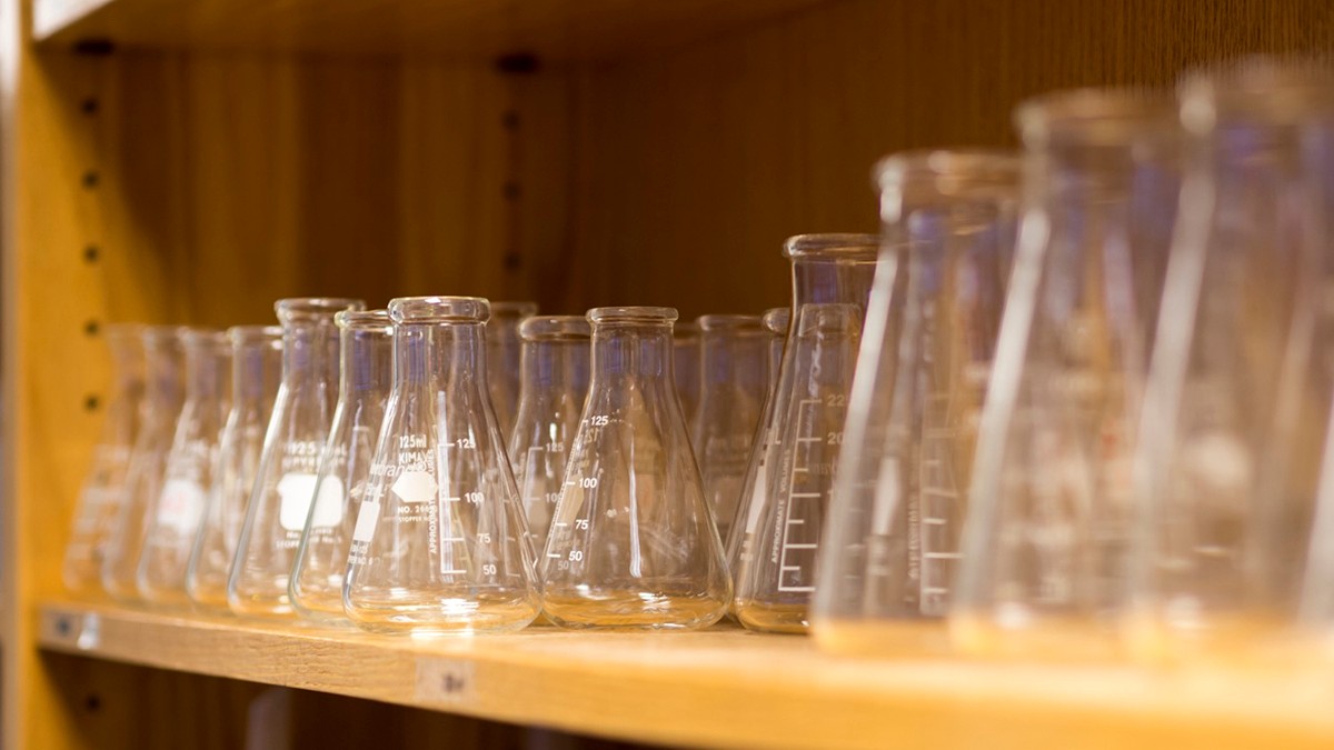 beakers on a shelf