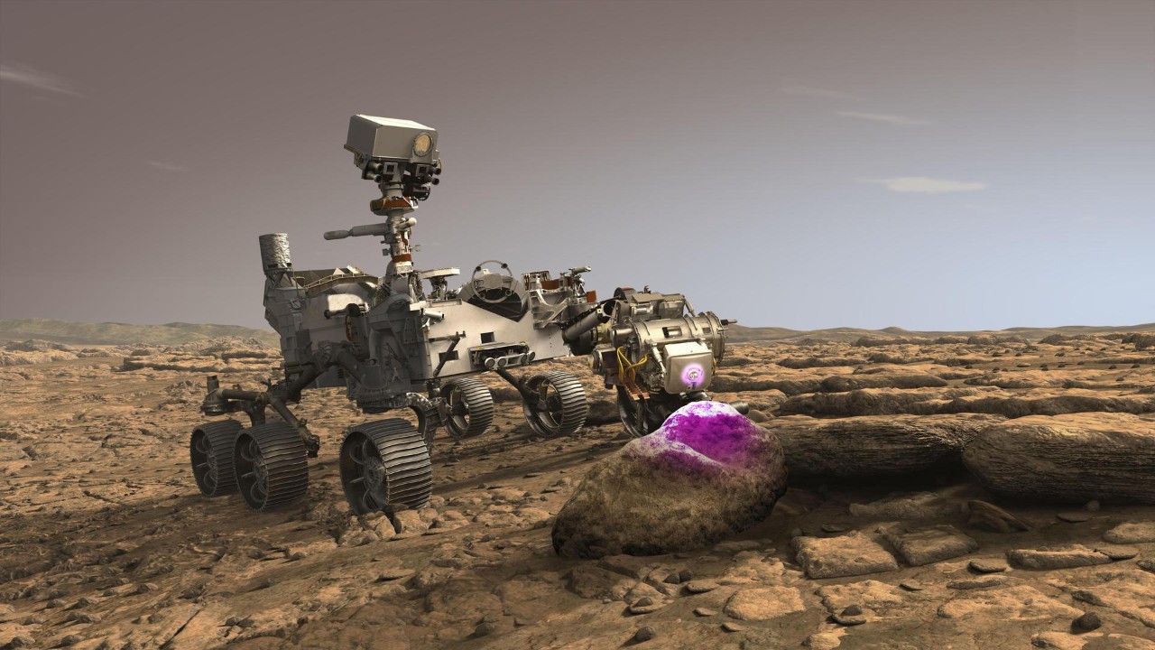 An illustration of the Perseverance rover using its instruments to inspect a rock sample