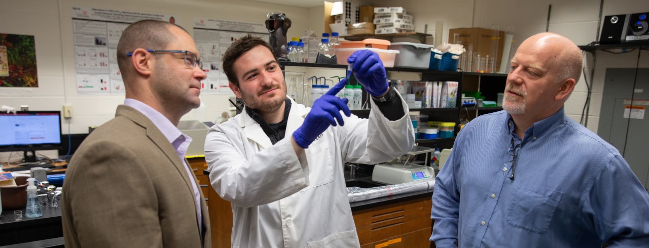 Matt Robson, Evan Reeder and Jason Gardner look at a sample in the lab
