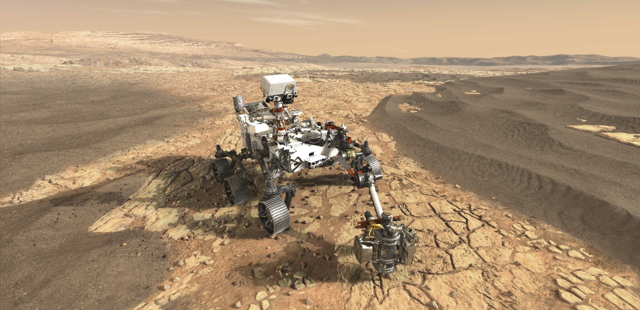 An artist's rendering of the Perseverance rover on Mars.