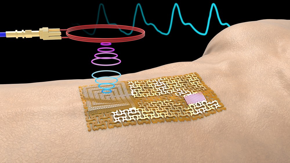 A graphic depicts how the sensor transmits health data from the skin to a wireless receiver.