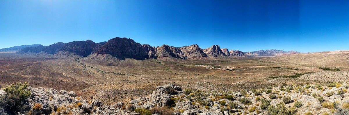 A panorama of Red Rock Canyon shows the path of a landslide from Wilson Cliffs from Blue Diamond Hill.