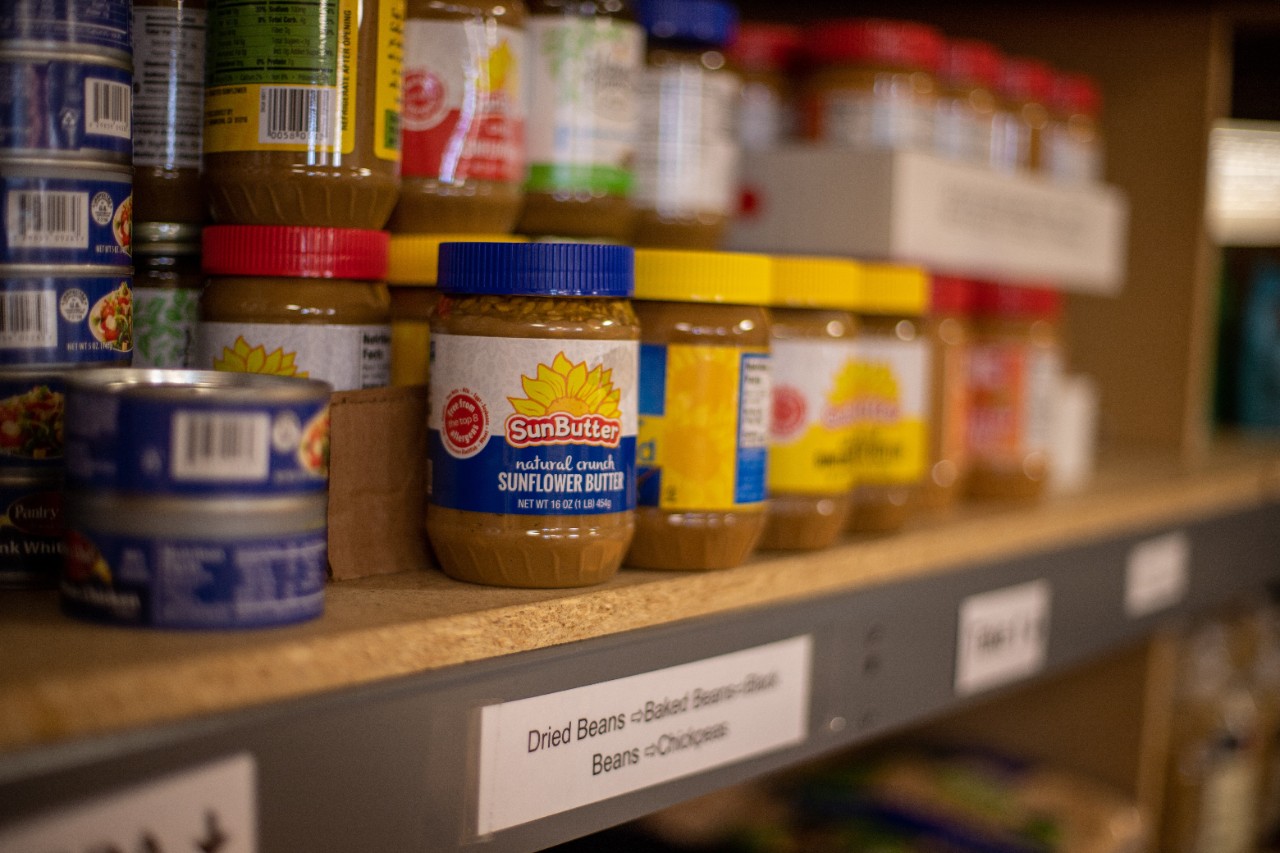Products on food bank shelves