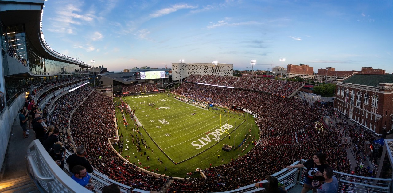 Nippert Stadium shown filled with spectators during a football game at UC