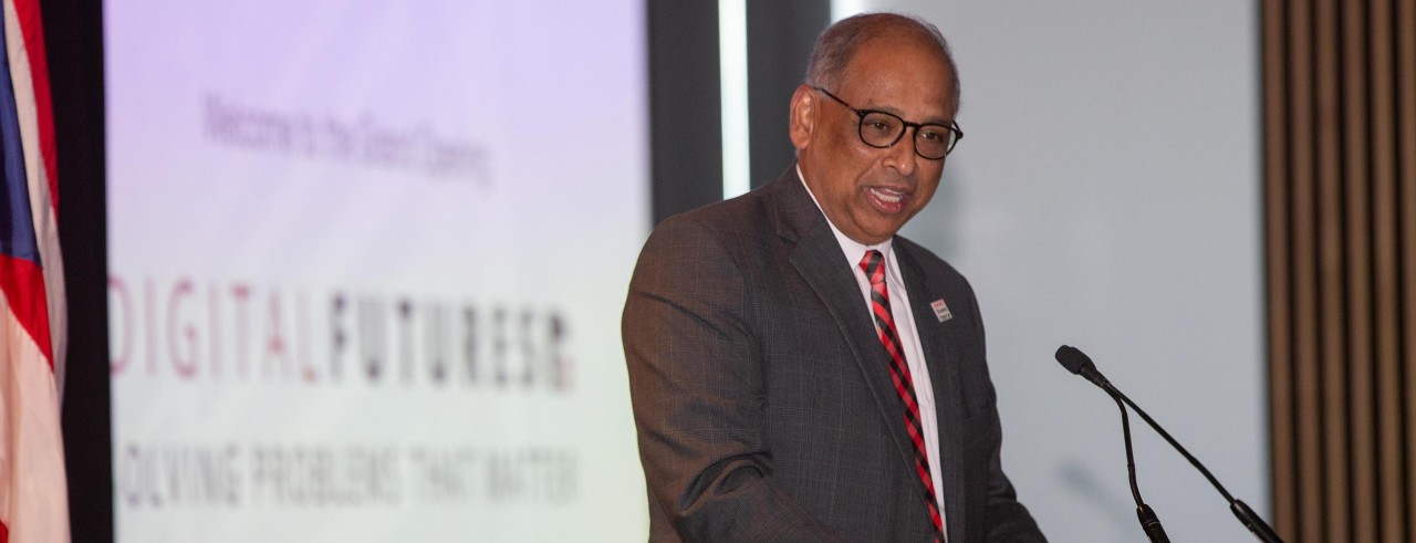 University of Cincinnati President Neville G. Pinto speaks during the grand opening of the Digital Futures building.