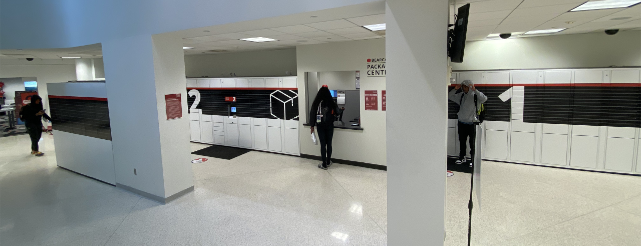 Sections of lockers and a service desk in the Bearcats Package Center