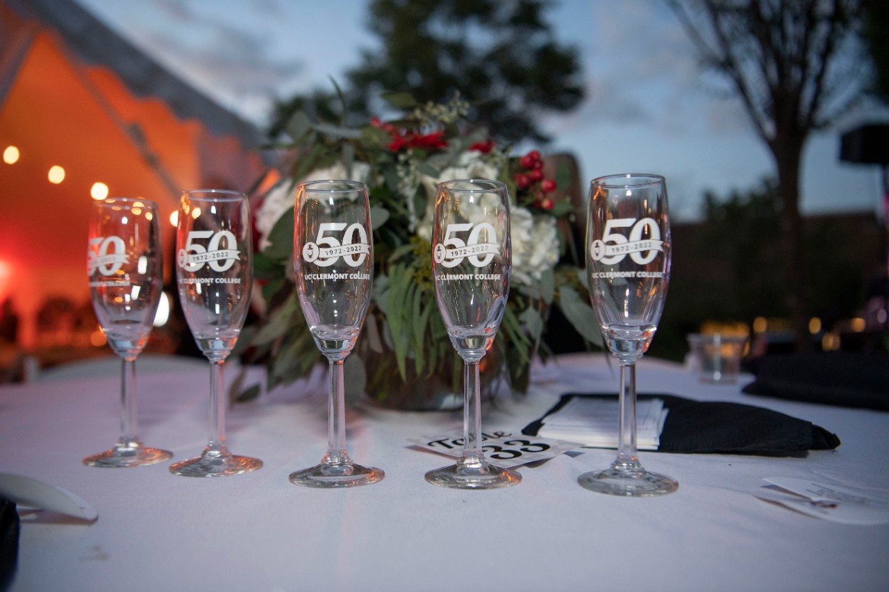 Champagne glasses commemorating UC Clermont's 50th anniversary.
