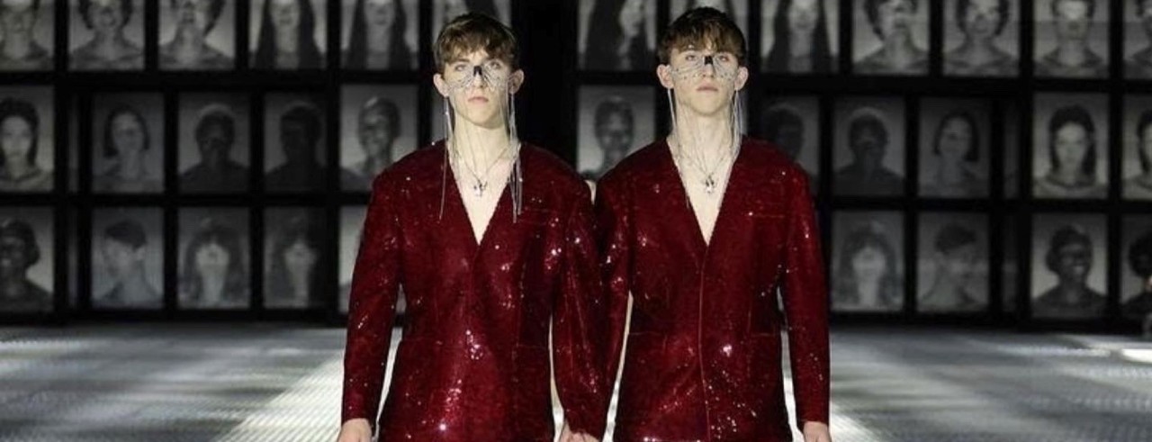 The Bartel twins from Twinsburg, Ohio walking in sequin suits for Gucci 