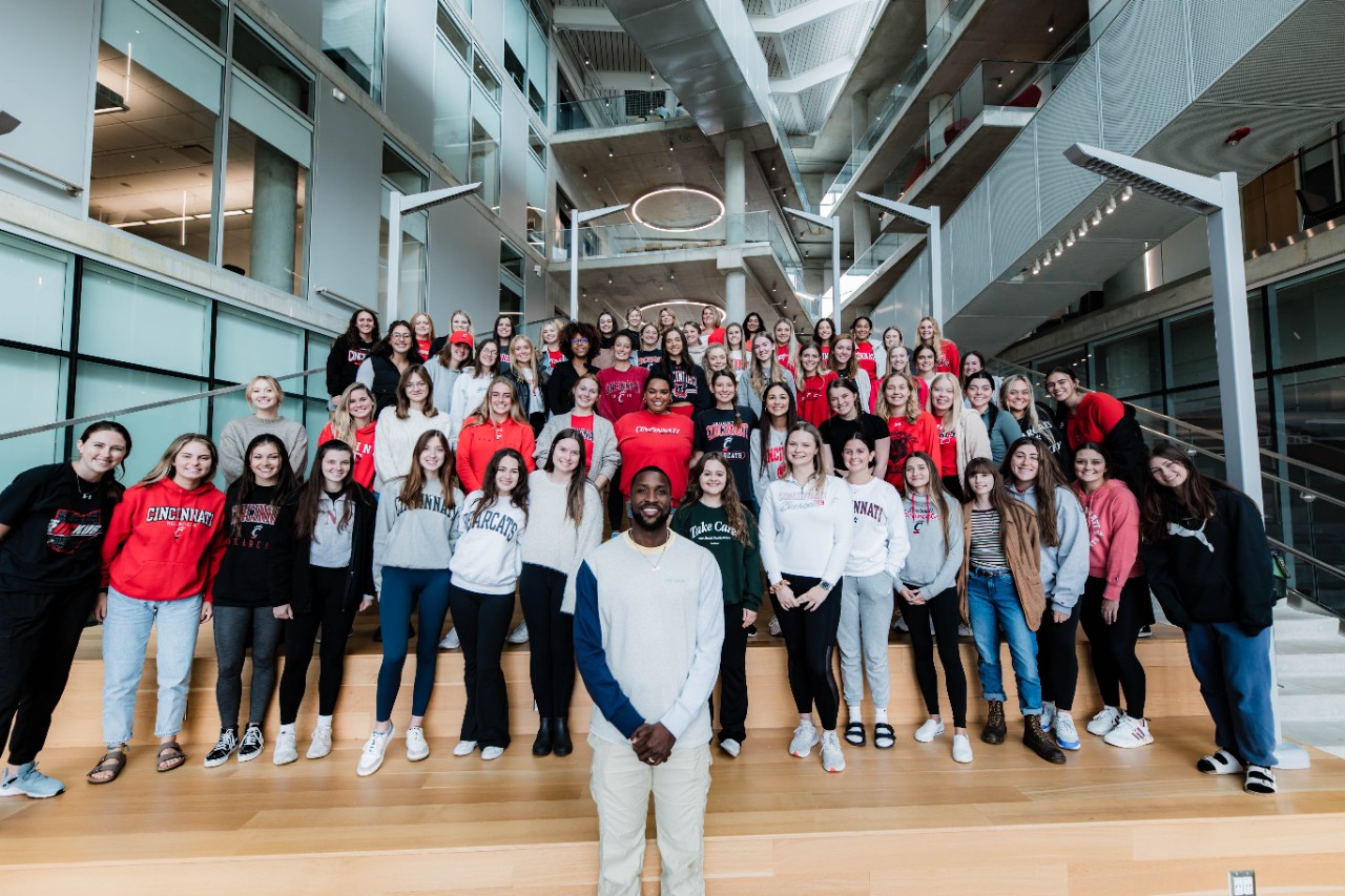 Students in the atrium with Michael