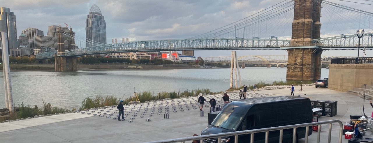 Set up for BLINK 2022's Eye's Up Drone Show on the banks of the Ohio River. Photo/Roza Gavriilidis