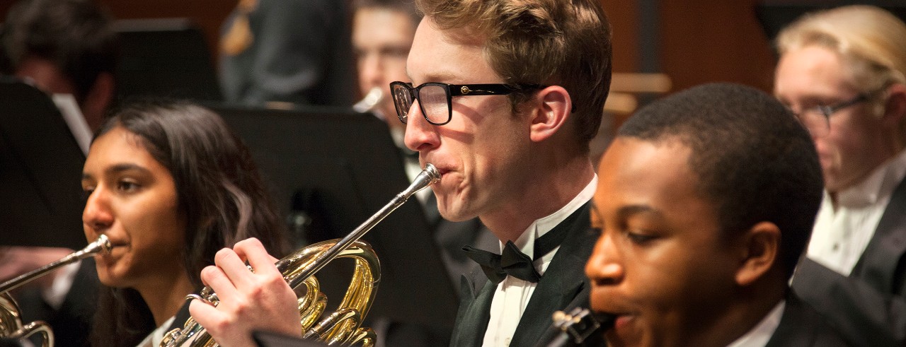 Students perform in the CCM Wind Symphony on the Corbett Auditorium stage. Photo/UC Creative + Brand