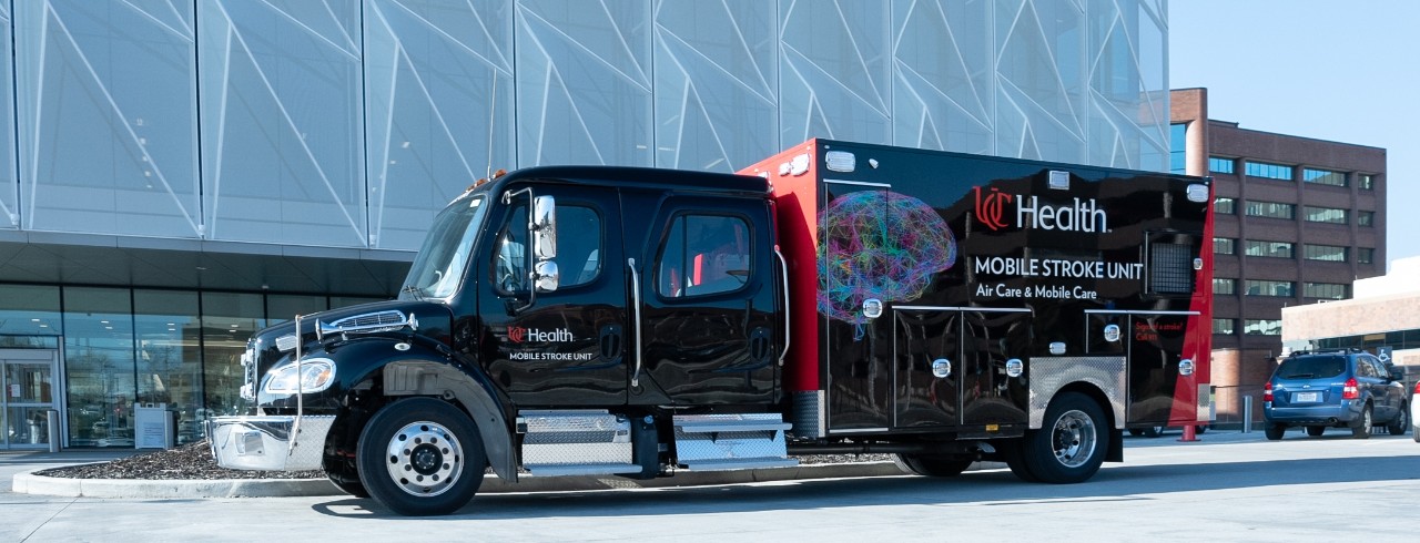 The UC Health mobile stroke unit truck parked outside of the UC Gardner Neuroscience Institute