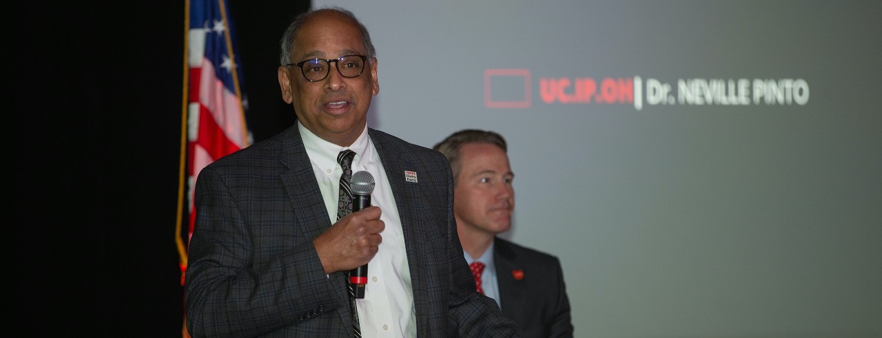 University of Cincinnati President Neville Pinto speaks during an Ohio IP Promise event at UC’s 1819 Innovation Hub.