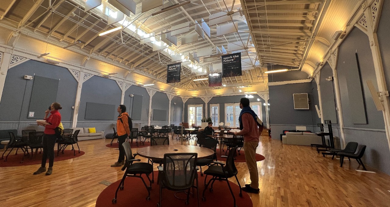 Students conduct an energy audit inside the banquet hall of Union House.