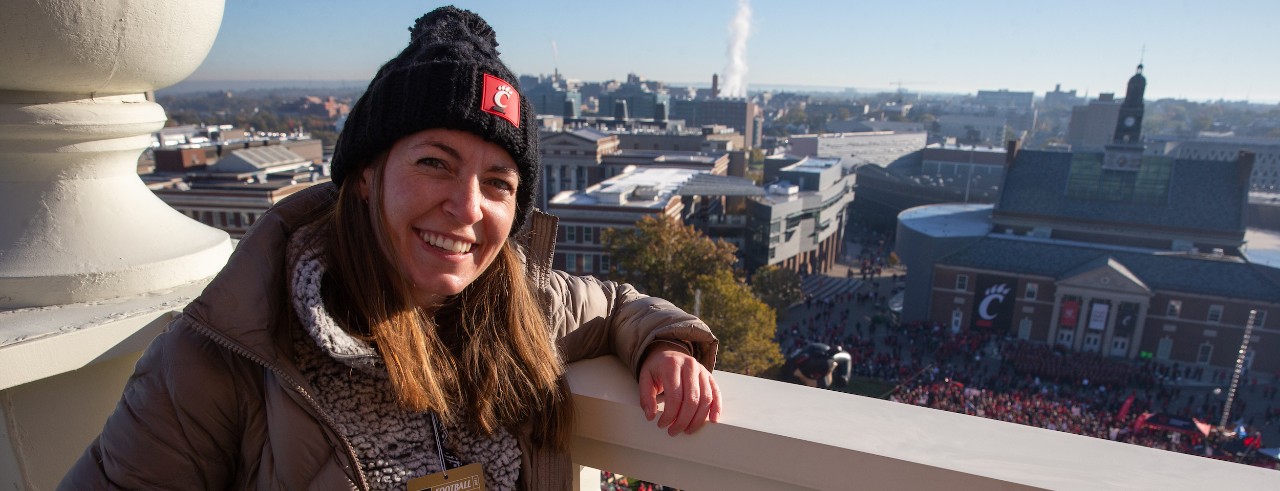 Kelly Bennet with UC GameDay in background