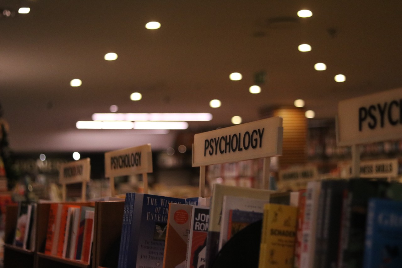 Psychology textbooks in a bookstore.