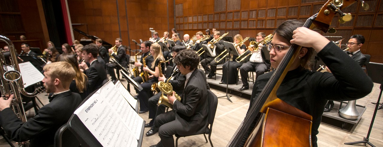 Students perform in the CCM Wind Symphony on the Corbett Auditorium stage. Photo/UC Creative + Brand