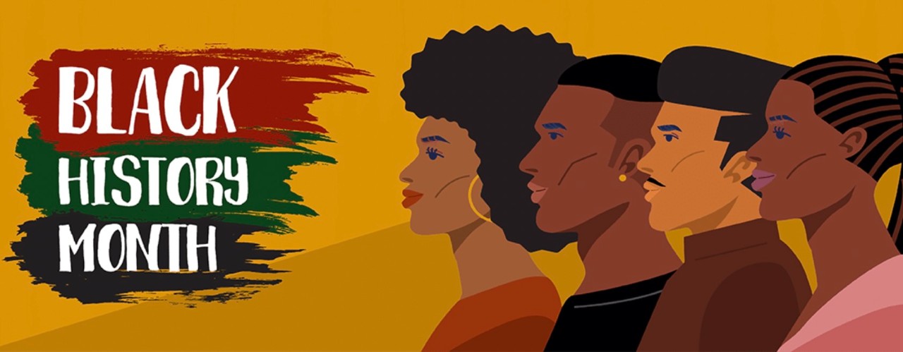 Illustrations of four Black people silhouetted against a yellow background and the words, "Black History Month" on left side.