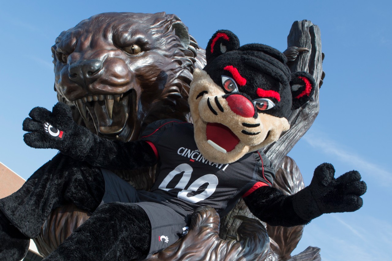 Bearcat statue and Bearcat mascot