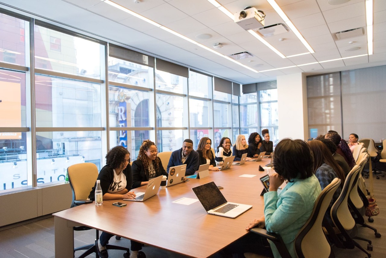 about a dozen professional people sitting around a conference table talking