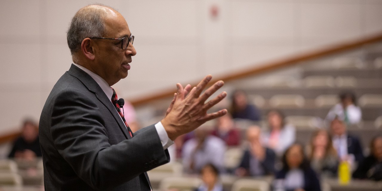 UC President Neville G. Pinto speaks to a crowd from the College of Engineering and Applied Science in Zimmer Auditorium as part of his college tour.