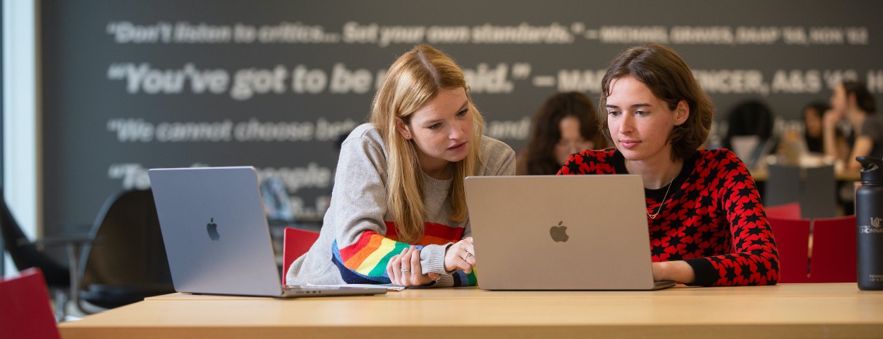 Two UC students work on computers