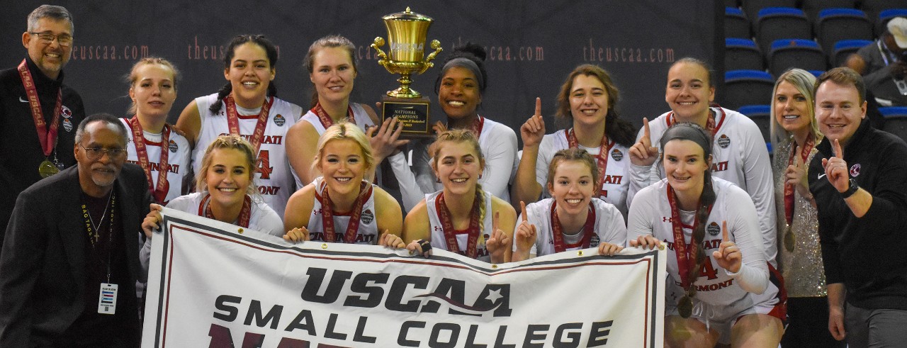 The UC Clermont women’s basketball team celebrates their national championship win in Virginia Beach on March 16. 