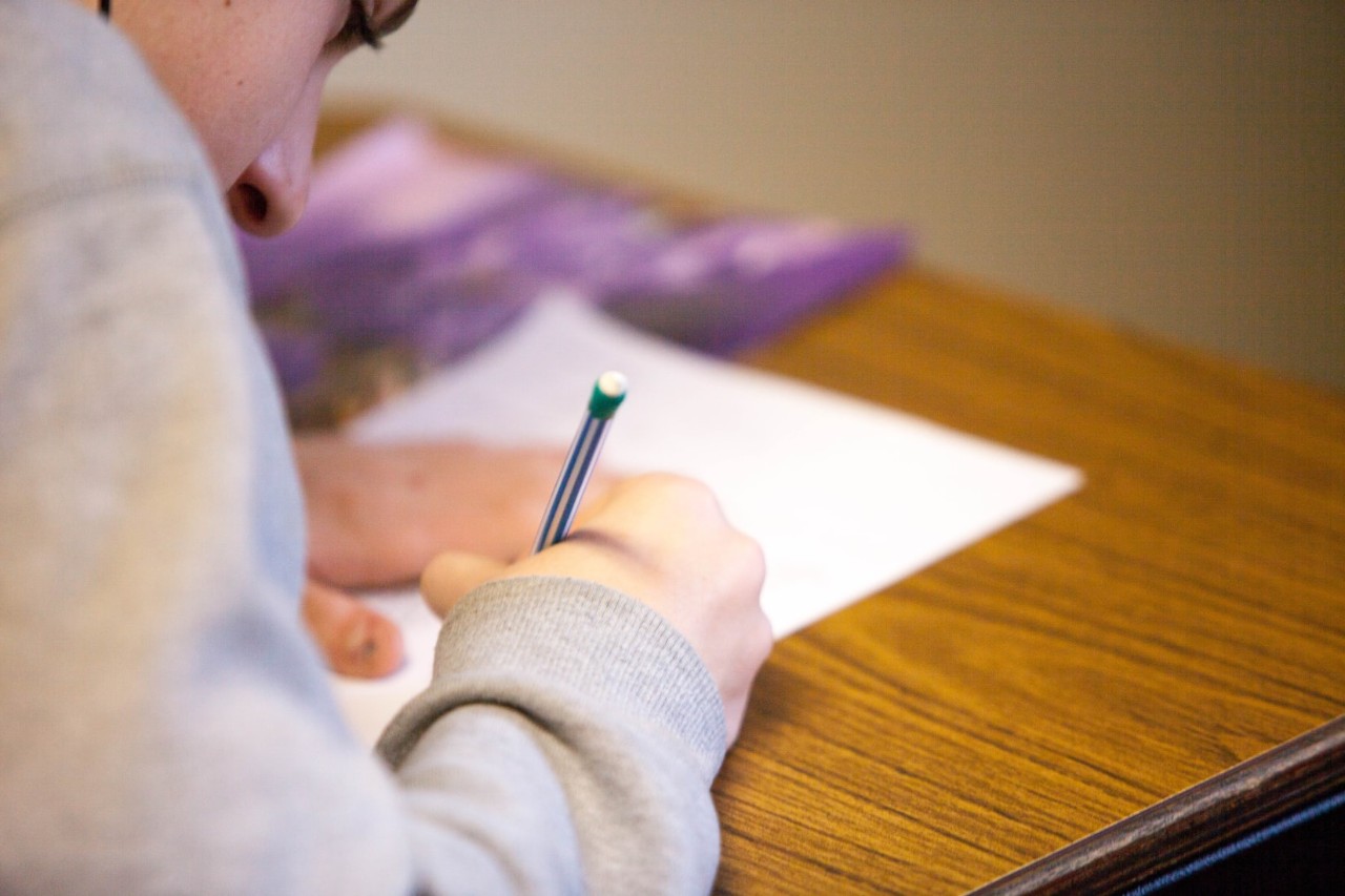 student taking test