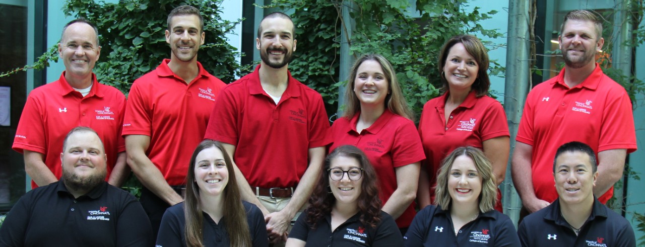 Lindner Career Services staff wearing red and black polos in Lindner garden hall