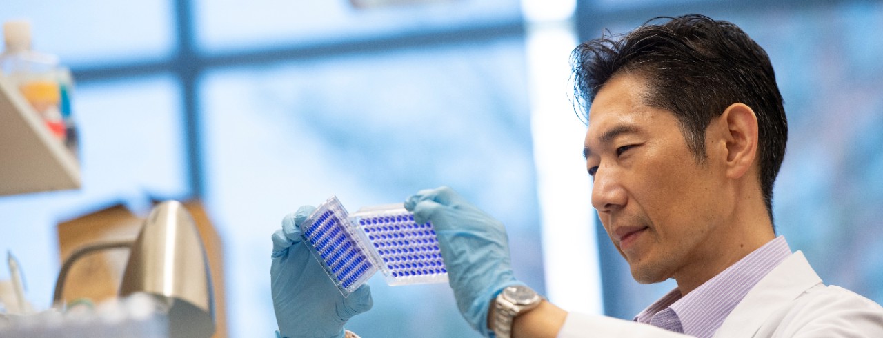 Atsuo Sasaki holds up two slides of samples in his lab