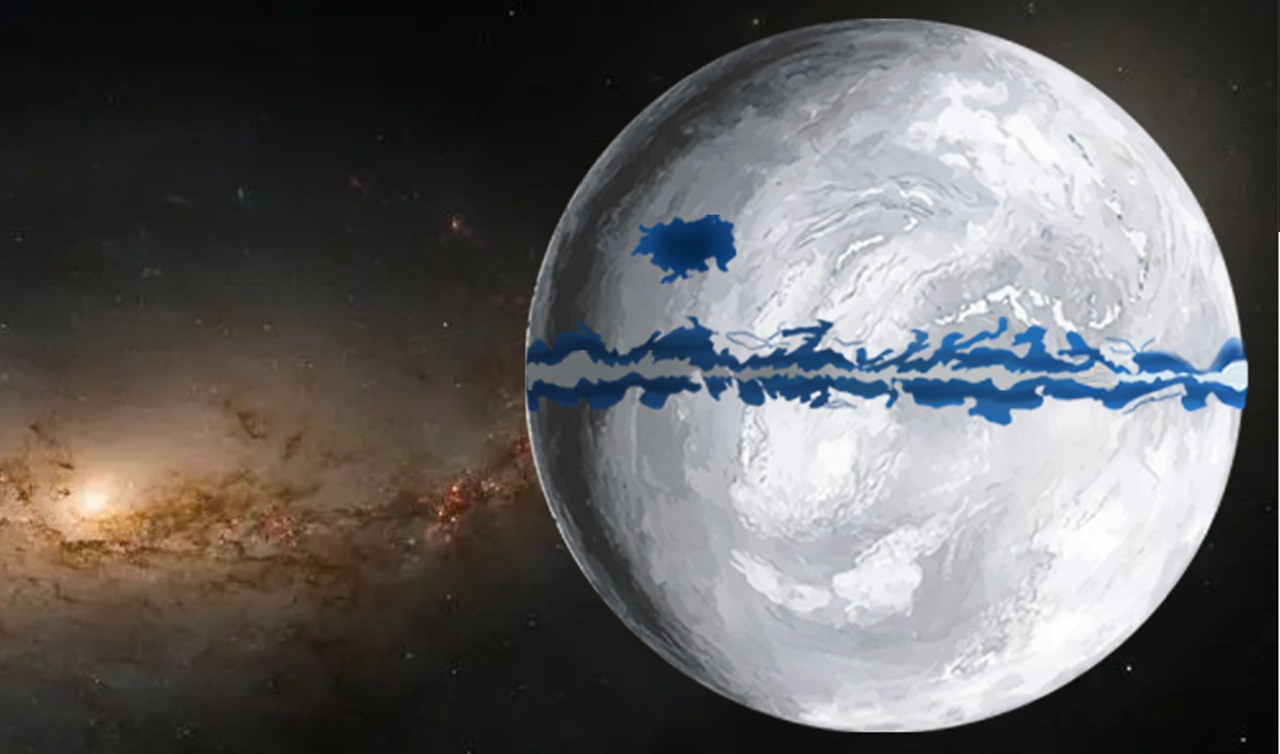 An artist's depiction of Earth during the Marinoan ice age 635 million years ago shows a frozen planet with a few pockets of open water.