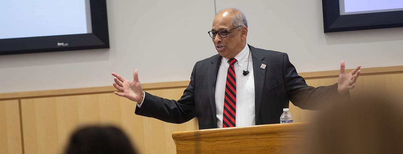 UC President Neville G. Pinto speaking during State of the University address