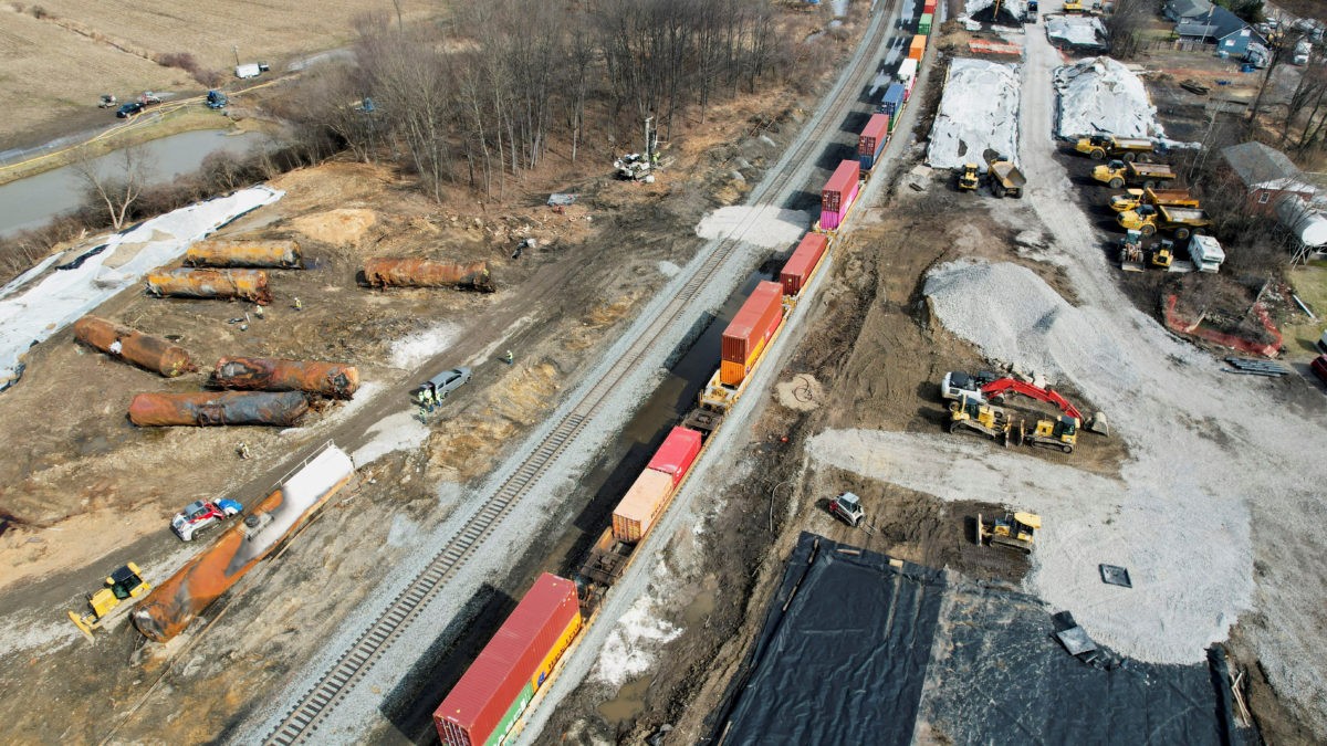 aerial photo of a train derailment