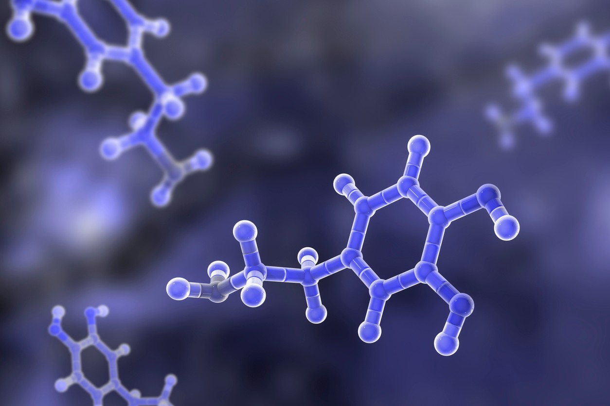 A 3-D illustration of a dopamine molecule