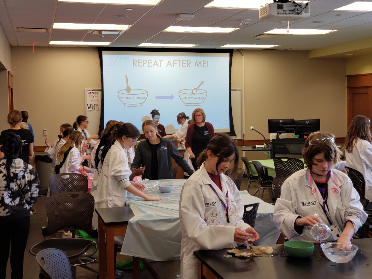 Participants in the Girls in STEM Day event shown in Teacher Dyer Complex classroom lab.