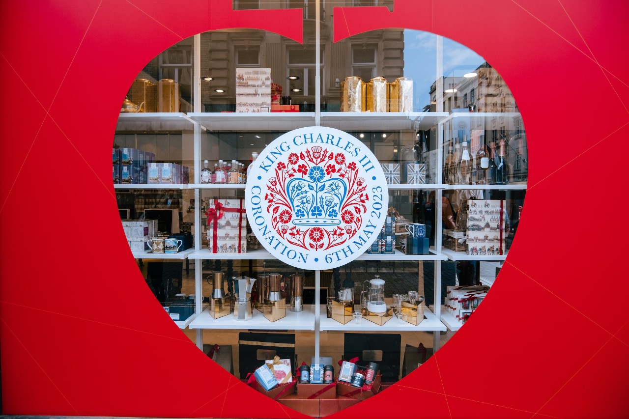 heart with King Charles coronation message in London window