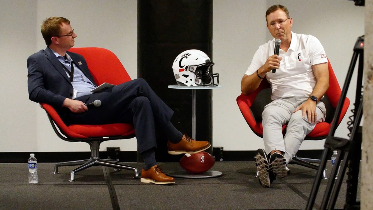 a photo of Ryan Hays and Scott Satterfield sitting in chairs at the 1819 Innovation Hub