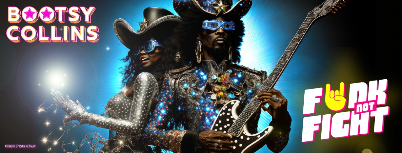 "Funk Not Fight" album cover with Bootsy and Patti Collins dressed in funkadelia clothing 