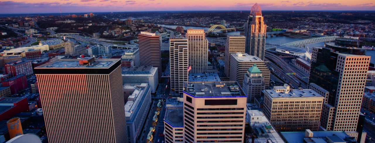 Downtown buildings rise at varying heights with the horizon in the background.